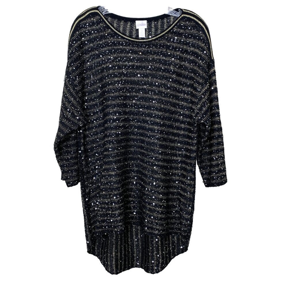 Chicos Womens XL‎ 3 Sweater Tunic Sequin Black Party Evening Gold Boat Neck